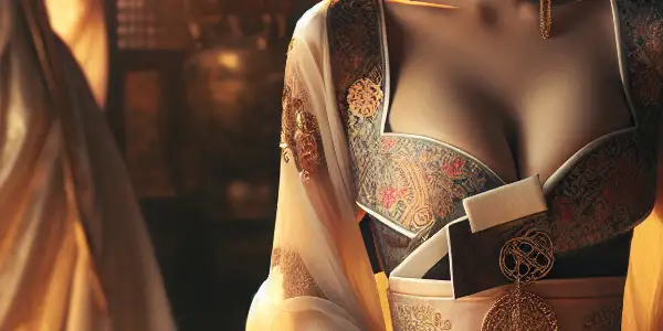 A graceful Korean woman in a flowing hanbok, embodying elegance and allure in a romantic, intimate setting.