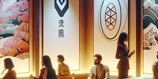 A modern lounge filled with diverse characters, artistic posters, and subtle references to Japanese adult entertainment culture.