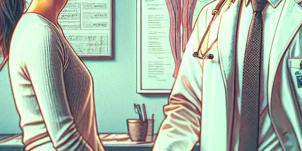 A handsome male doctor examines a nervous young female patient in a modern gynecological examination room.