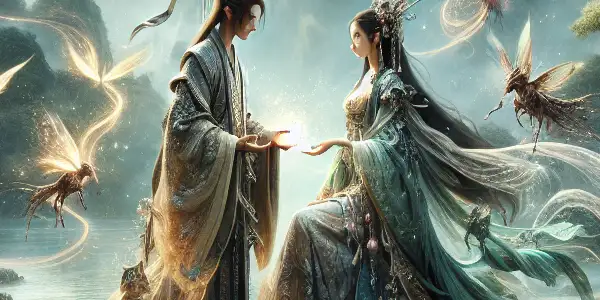 A mystical realm with lush landscapes, featuring two characters in a passionate embrace, surrounded by magical elements.