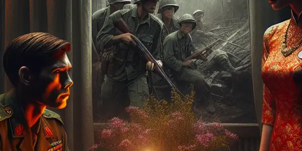 A tense encounter between a military officer and a Vietnamese woman, embodying forbidden love amid a war backdrop.