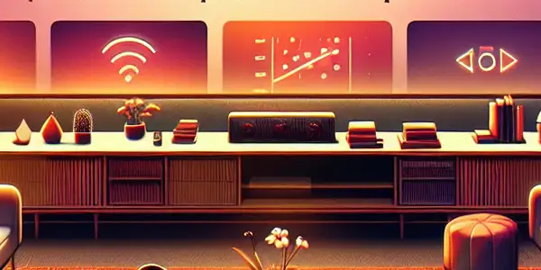 A cozy living room with a couple watching a vibrant adult film streaming service on a large TV.