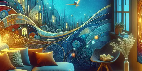 A cozy living room with a large screen, snacks, and technology, depicting an inviting home movie experience.