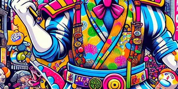 A whimsical superhero in a playful pose, surrounded by a colorful, chaotic cityscape and humorous adult-themed elements.