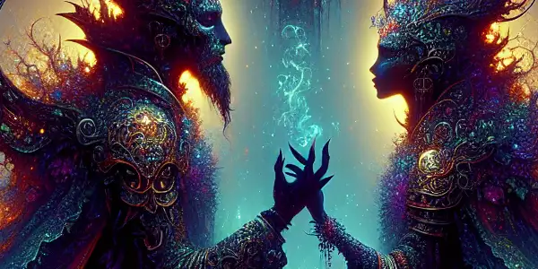 A passionate romance between mythical characters in a glowing, enchanted forest, set against a dark, fantastical backdrop.