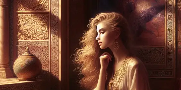 A graceful woman contemplates her awakening desires in an intimate, softly lit room filled with luxurious fabrics and romantic elements.