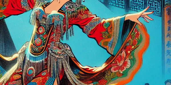 A vibrant female performer captivates an audience with expressive dance in a traditional Chinese theater setting.