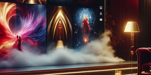 A luxurious, dimly lit room featuring a large screen showcasing enticing Japanese adult films and opulent decor.