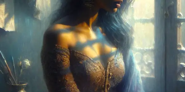 A female character in a dimly lit room, expressing deep emotional turmoil and longing amidst symbols of desire and repression.