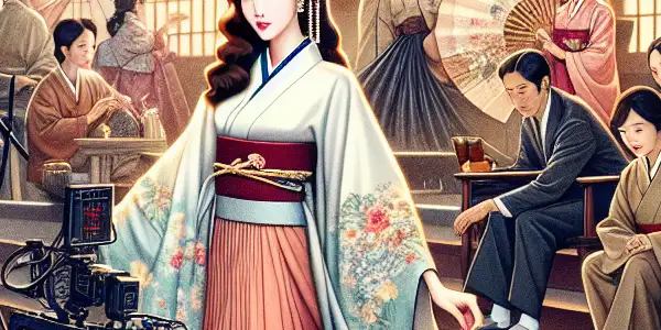 A vibrant film set featuring a confident female star, blending Japanese and Korean cultural elements in an alluring atmosphere.