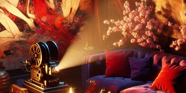 A dimly-lit room featuring a vintage film projector, abstract silhouettes, and Japanese cultural elements, evoking intimacy and allure.