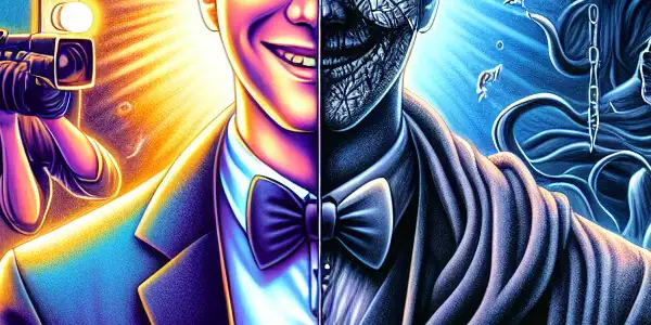 A split scene illustrating the glamorous facade and hidden struggles of foreign adult film actors in Japan.