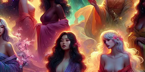 Seven enchanting maidens in iridescent robes stand amidst a mystical landscape of cherry blossoms under a twilight sky.