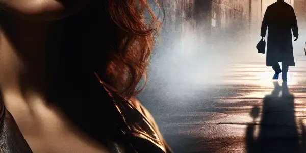 A determined female character in a gritty urban setting confronts a menacing silhouette, symbolizing themes of violation and revenge.