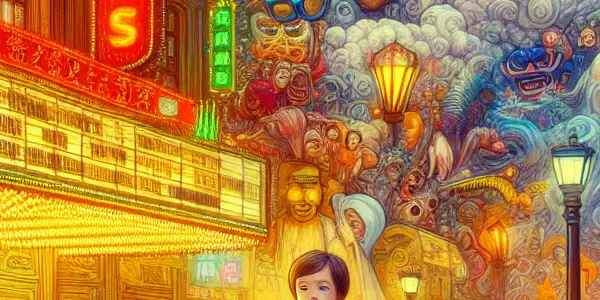 A whimsical movie set featuring a determined dreamer, oversized film reels, and a mystical love interest against a vibrant urban backdrop.