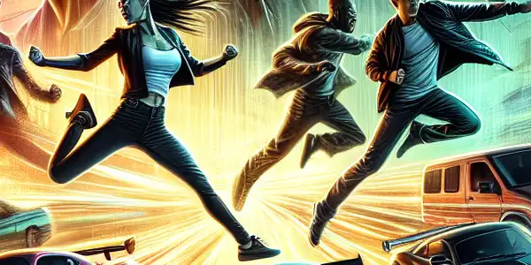 High-speed car chase through a vibrant city at night, featuring diverse characters and a martial arts master in action.