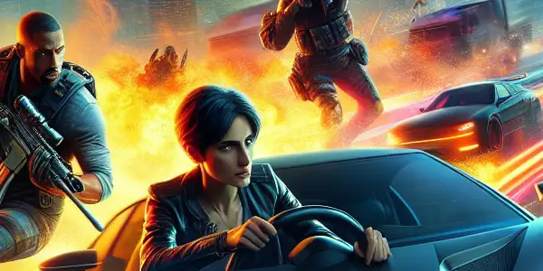 A thrilling street racing scene with sports cars, explosions, and heroic characters in a neon-lit urban landscape at night.