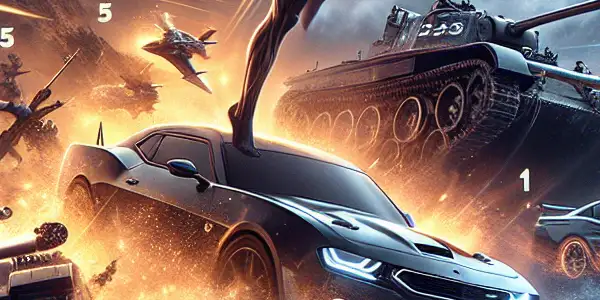 A vibrant poster featuring iconic scenes from the top 10 action movies of 2023, showcasing thrilling moments and characters.