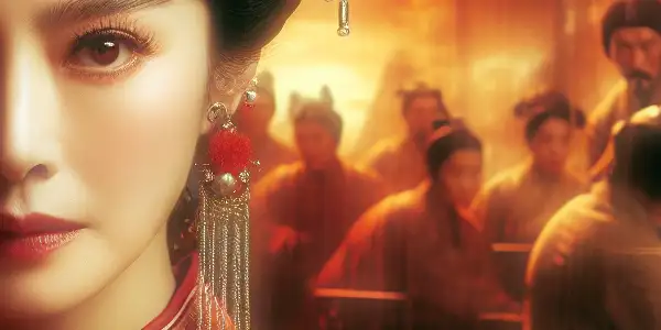 Portrait of actress Huang Man in a dramatic film scene, showcasing her traditional costume and expressive determination.
