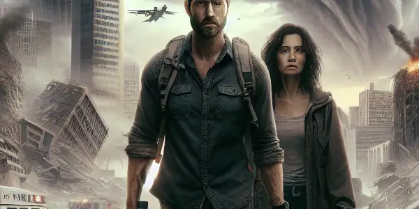 A determined man and woman navigate a devastated urban landscape after a global catastrophe, embodying hope amid chaos.