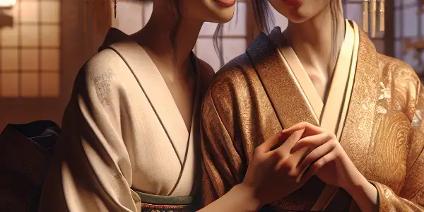 Two young women in elegant kimonos share an intimate moment in a cozy Japanese-style room.