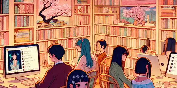 A vibrant online community space for adult literature, featuring diverse characters engaged in reading and discussions.