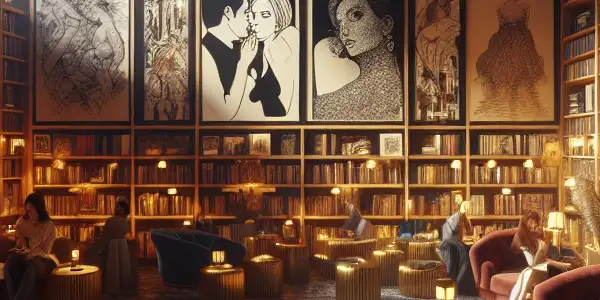A cozy, dimly-lit library filled with erotic novels, plush seating, and artistic adult film displays.