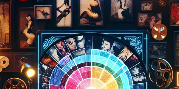 A modern workspace showcasing a glowing computer screen surrounded by adult film elements and diverse cultural symbols.