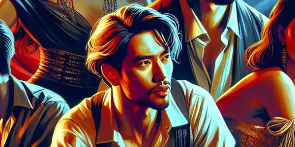 A vibrant scene featuring diverse actors in dynamic poses on a luxurious film set, capturing romance and excitement.<a href=