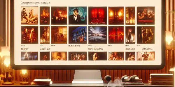 A cozy, dimly lit room featuring a computer screen displaying vibrant thumbnails of adult films.