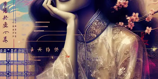 A mysterious woman in a translucent outfit amidst a surreal landscape of cherry blossoms and vibrant colors.